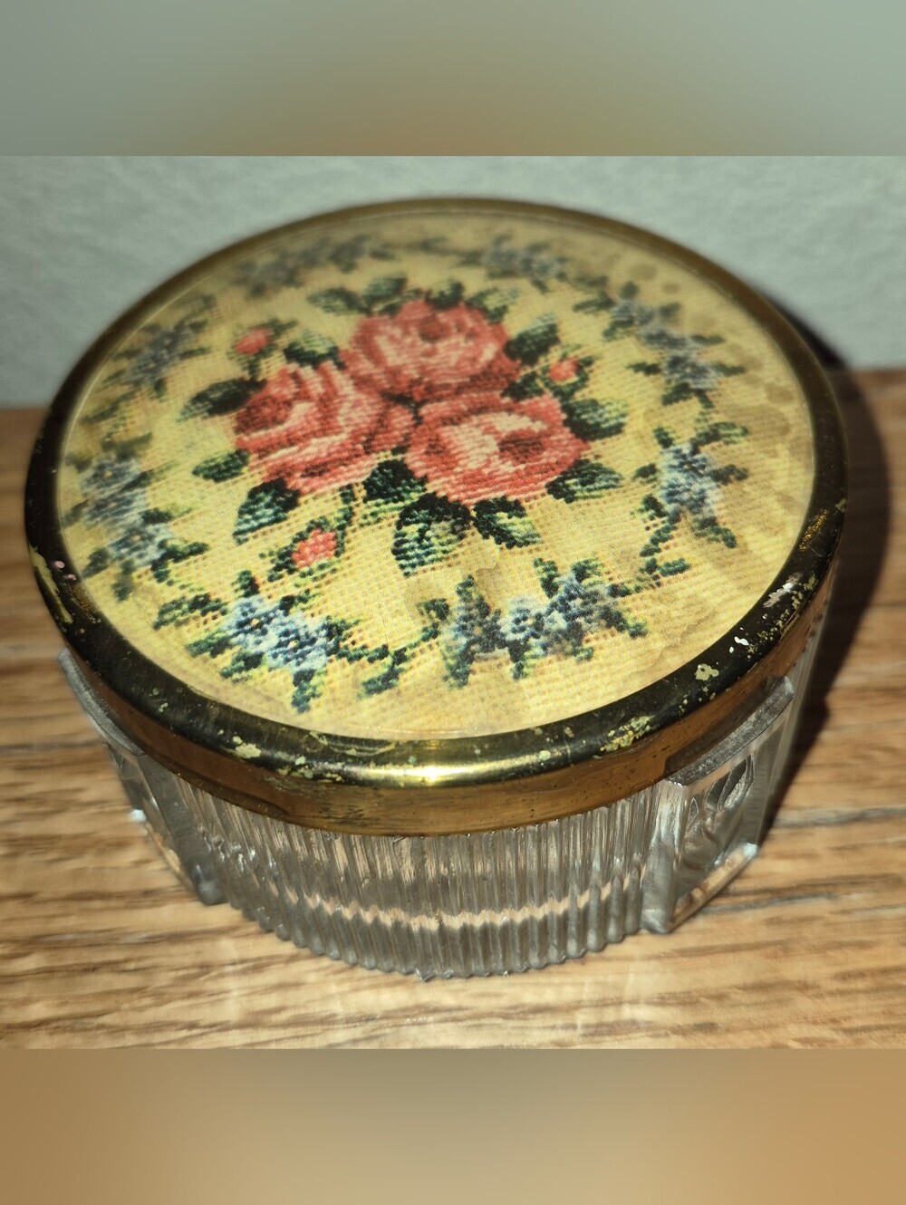 Vintage Footed Glass Vanity Powder Jar, Vintage Ribbed Glass Trinket Dish